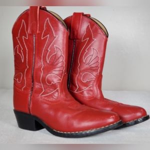 EUC Masterson Boot Co. Red Leather Cowboy Boots Round Toe Black Sole Girl's US 1